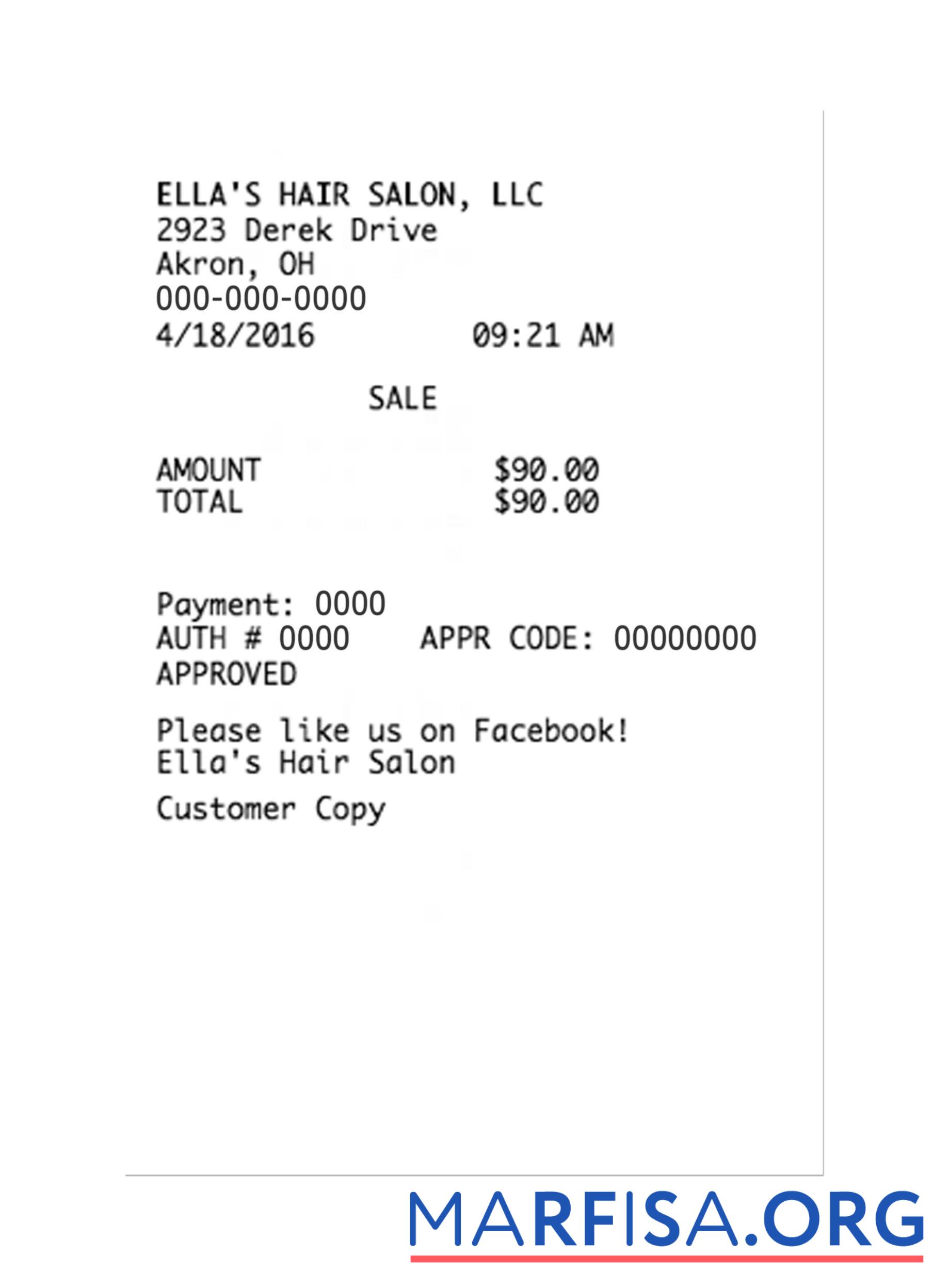 Downloadable ELLA'S HAIR SALON LLC payment receipt example